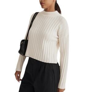 NWT Madewell Antique Cream Ribbed Mock Neck Crop Pullover Wool Sweater Size XXS